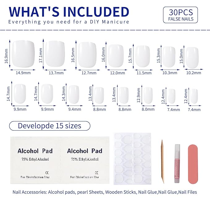 Milky White Press On Nails Short, Glossy Soft Gel Press On Nails Square with Nail Glue, 15 Sizes - 30 Fake Nails Kit, Thick Natural Reusable Glue On Nails for Women, White Mirage