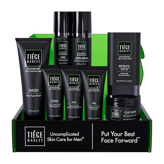 Tiege Hanley Skin Care Set for Men, Rejuvenation Routine, System Level 5, Face Wash, Scrub, Moisturizers, Eye Cream, Serum, Clay Mask, & Retinol Stick for Healthy Skin, Men’s Skin Care, 8 Piece Kit