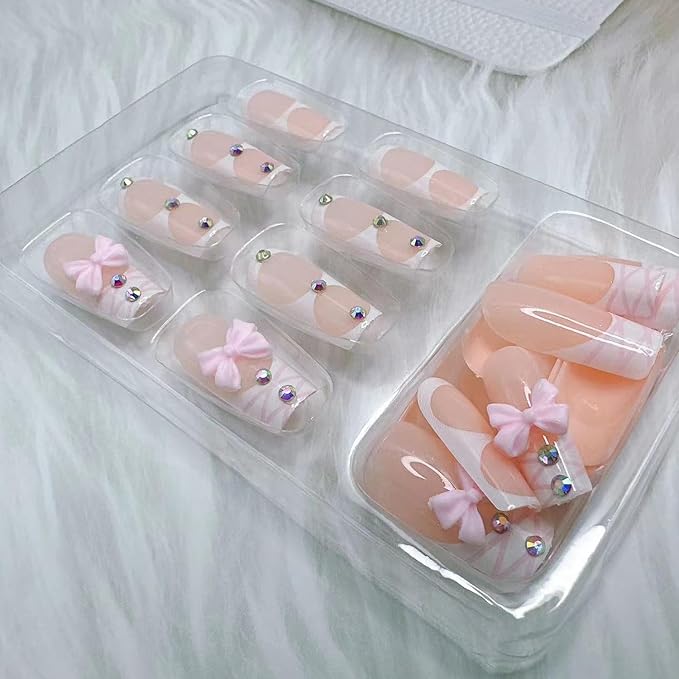 French Tip Press on Nails Fake Nails with French Sweet Pink Bow False Nails Medium Square Nail Cute Pink Press on French Nail Tips Artificial Nails Acrylic Stick on Nails for Women Manicure 24Pcs