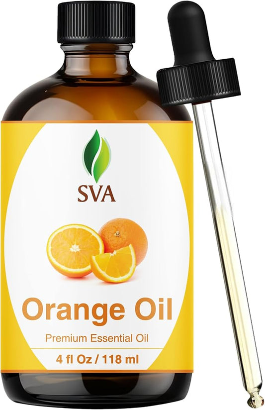 SVA Orange Essential Oil – 4 Fl Oz – 100% Natural Orange Oil - for Diffuser, Hair Care, Face, Skin Care, Aromatherapy, Scalp and Body Massage, Soap and Candle Making - with Dropper