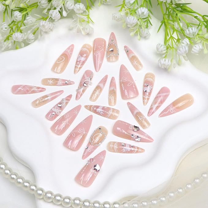 Cute Press on Nails Long Almond Fake Nails with Heart Pearl Bow Rhinestones Designs French Tip Nails Press ons Pink False Nails for Women 24Pcs