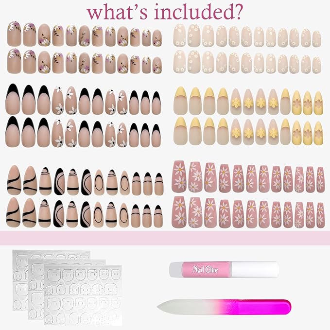 6 Packs (144 Pcs) Press on Nails Medium, Jsiallye Press on Nails Ballet with Daisy, Flower Press on Nails Almond, Glue on Nail in 12 Sizes - 24 Fake Nails Kit, Stick on Nails for Women