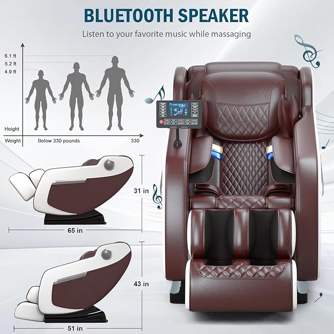 Massage Chair Full Body Zero Gravity, Massage Recliner with Air Pressure, 10 Fixed Massage Rollers, Heating, Foot Roller, Bluetooth Speaker, for Home Office Men Women (Brown)