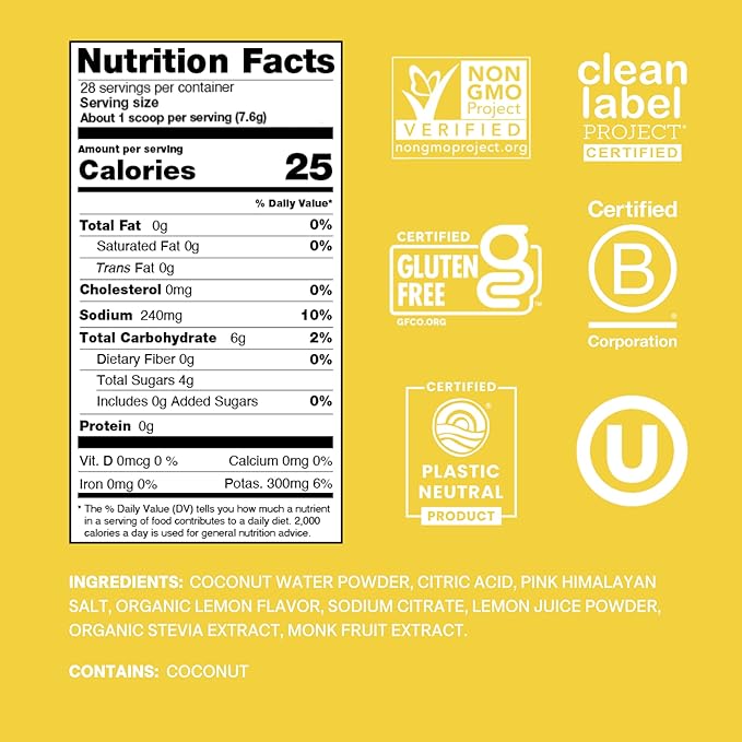 Cure Hydration | Plant-Based Electrolyte Drink Mix | No Added Sugar | Dehydration Relief Powder Made with Coconut Water | Non-GMO | Vegan | 28 Servings Jar - Lemonade