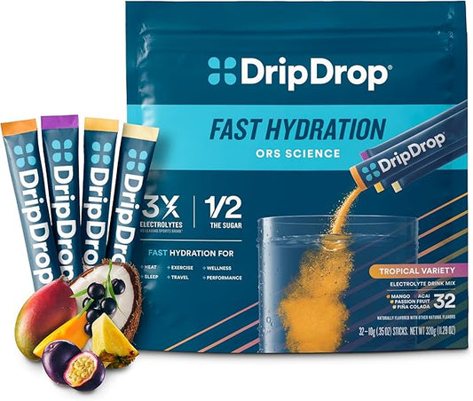DripDrop Hydration Packets - Tropical Variety Pack - Single Serve Electrolytes Powder Drink Mix - Mango, Açaí, Passion Fruit, Piña Colada - Non-GMO, Gluten Free, Vegan - 32 Sticks
