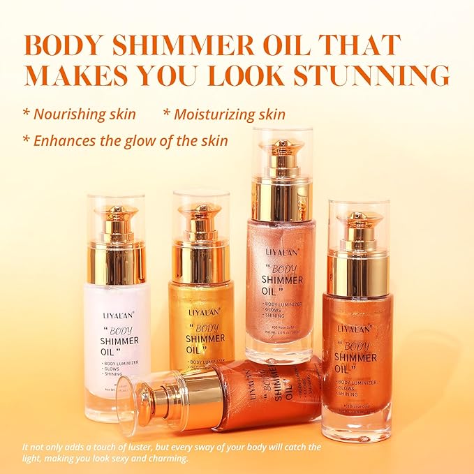 Liyalan Shimmer Body Oil 5 Color Options 1.0 fl.oz Face Glow Pearl Highlighter Illuminator Long-Lasting Shine Glitter Liquid Tanning with Makeup Brush Included (#02 Gold)