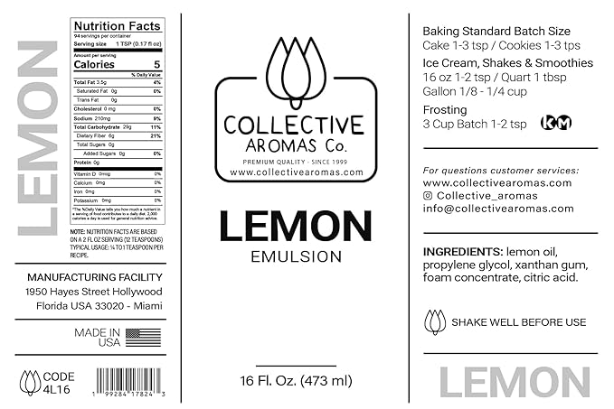 Lemon Emulsion for Baking - Natural Flavoring Blend for Cookies, Cakes, Ice Cream, Smoothies, Beverages & More - 16 fl oz Kosher, Pure Lemon Emulsion by Collective Aromas Co.