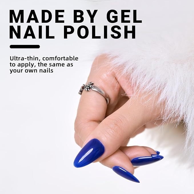 Wooyas Press on Nails Medium, Royal Blue Nails Handmade Almond Fake Nails Reusable, Non-breakable Fit Perfectly Glue On Nails Glossy in 12 Sizes-24 Pcs Salon Quality Soft Gel Nail Kit