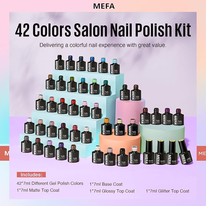 MEFA 46 Pcs Gel Nail Polish Set, 42 Colors All Seasons Nail Polish Set Colorful Begginer Kit with Base Coat & Glossy/Matte Top Coat, Gel Nail Art Manicure Salon DIY Gifts for Girls
