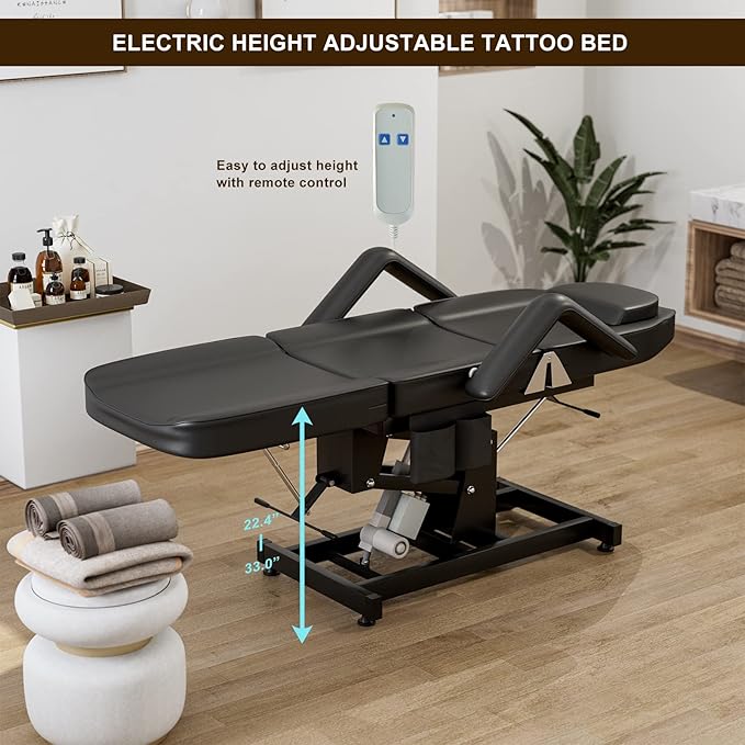SyyBhb Electric Height Adjustable Esthetician Chair Facial Bed, 3-Section Folding Lift Tattoo Chair Bed Massage Table for Spa, Lash Extension, Microblading, Wax, Medical Treatment, Black