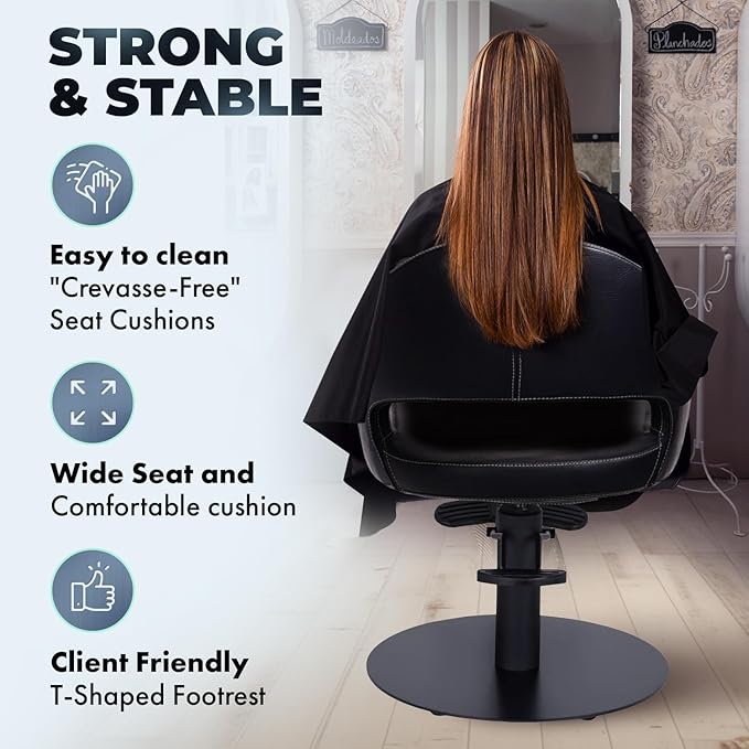 Buy-Rite Luna Noir Styling Chair – Professional Salon & Barber Chair with Mid-Century Design, Stitch Pattern, Black Metal Arms, Hydraulic Base, Easy-Clean Vinyl, YLG-356-BLK (Black Flat Round Base).
