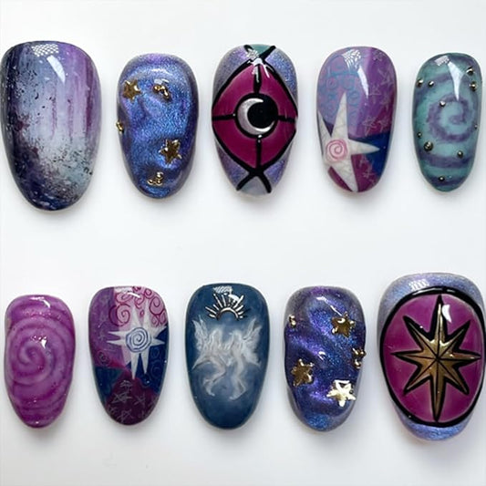 24Pcs Halloween Press on Nails Short Almond Fake Nails Star False Nails with Ghost 3D Y2k Gilding Moon Design Glitter Purple Vortex Glue on Nails Full Cover Artificial Stick on Nail for Women DIY