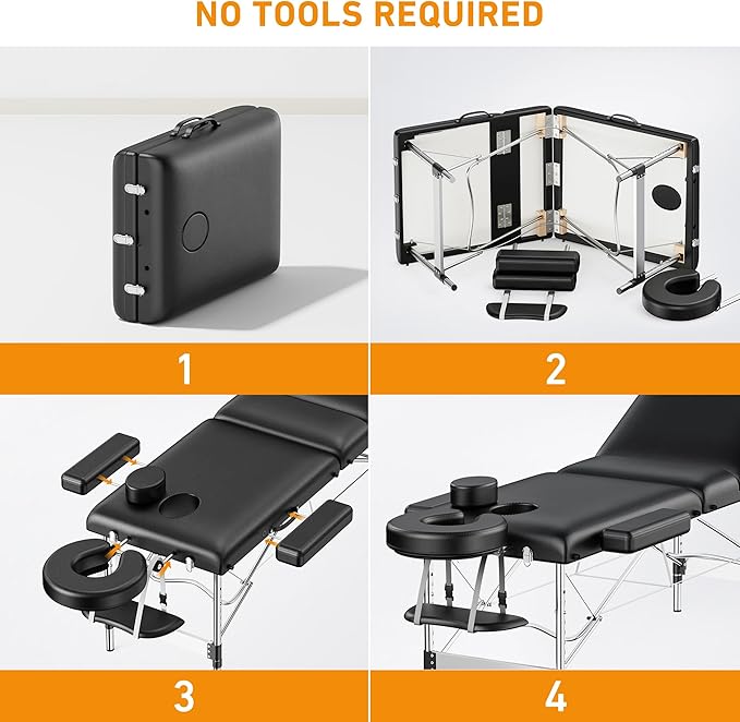Massage Table Portable 84" Long 24" Wide Professional 3 Sections Reclining Massage Couch, Aluminum Adjustable Esthetician Bed Tattoo Table SPA Lash Salon Bed with Carrying Bag (Black)