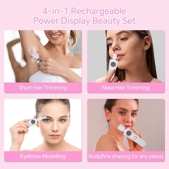 Electric Razor for Women, 4-in-1 Bikini Trimmer & Body Shaver for Face, Legs, Underarms, Pubic Hair, Rechargeable Wet/Dry Painless Hair Removal with LED Light & Travel Lock