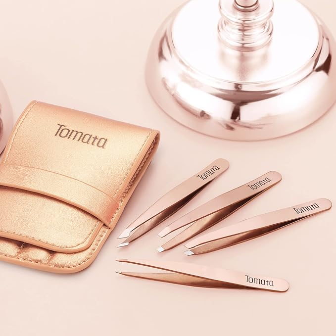 Tweezers for Eyebrows, Slant Tip and Pointed Eyebrow Tweezer Set Great Precision for Eyebrows Facial Hair, Ingrown Hair, Splinter, Blackhead and Tick Remover (4-piece) (Gold)