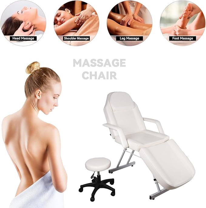 Multipurpose 3-Section Spa Massage Table with Hydraulic Stool, 73-inch Adjustable Tattoo Chair Esthetician Lash Bed with Removable Headrest, Salon Chair Facial Bed for Beauty Barber Massage Equipment