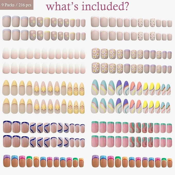 9 Packs (216 Pcs) Flower & Swirl Press on Nails - Short, Square & Almond Shapes - Gradient Glue - 12 Sizes - 9 Styles