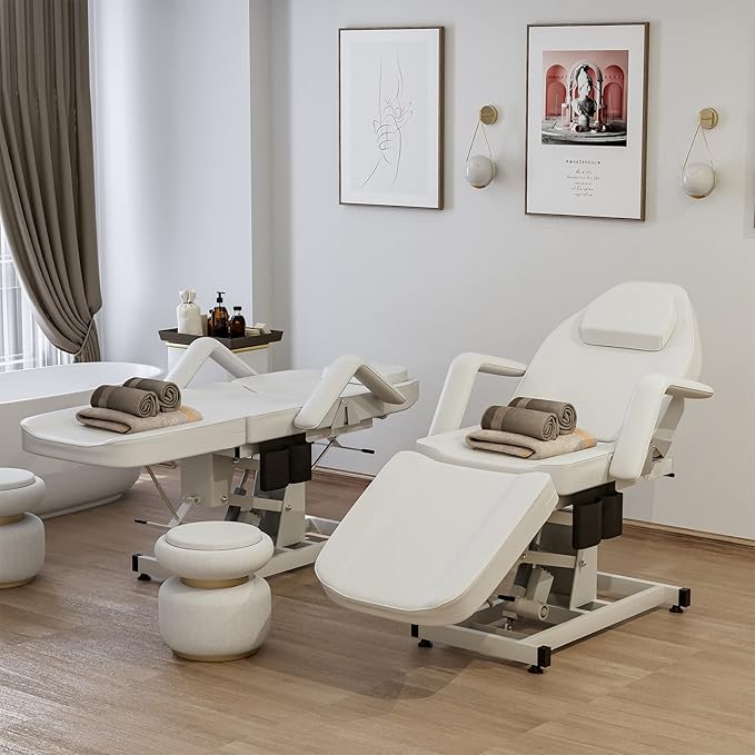 SyyBhb Electric Height Adjustable Esthetician Chair Facial Bed, 3-Section Folding Lift Tattoo Chair Bed Massage Table for Spa, Lash Extension, Microblading, Wax, Medical Treatment, White