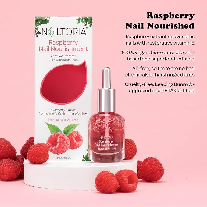 Nailtopia Raspberry Nail Nourishment - Revitalizing Nail Strengthener Treatment for Stronger Nails - Growth Serum for Damaged, Thin, Cracked Nails - Vitamin Infused, Bio Sourced, and Vegan - 0.41 oz