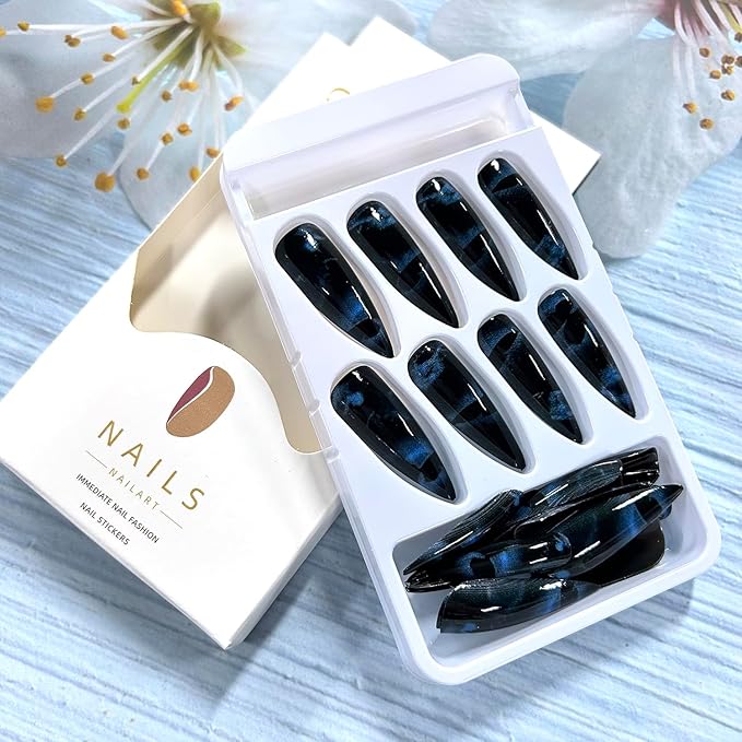 Dark Blue Almond Tip Press on Nails Extra Long Black Butterfly Pattern Design Full Cover Glossy Acrylic Fake Nails Blue Smudge Artificial Fingernails 24Pcs DIY Reusable Glue on Nails for Women