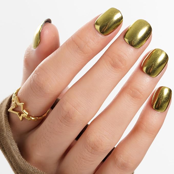 GLAMERMAID Extra Short Press on Nails 24PCS, Handmade Golden Chrome Fall Gel Glue on Nails, Glossy Round Reusable UV Finish Fake Nails Acrylic False Nails Manicure Kits for Women