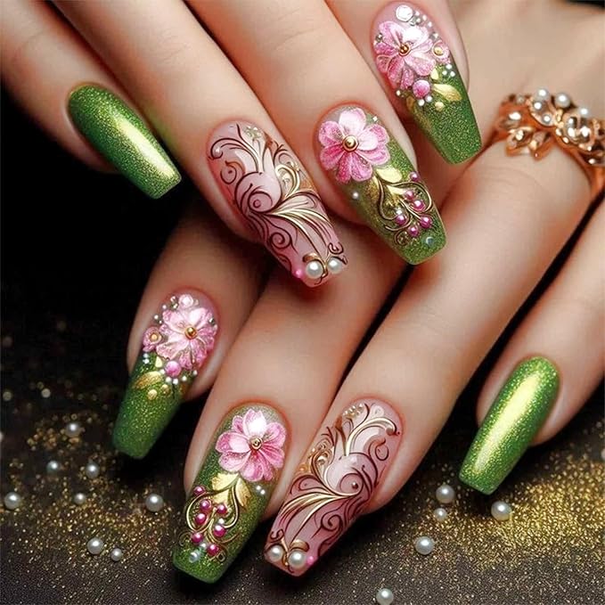Long Press on Nails Coffin Fake Nails with Flower Design Acrylic Nails Glitter Glue on Nails for Women 24pcs