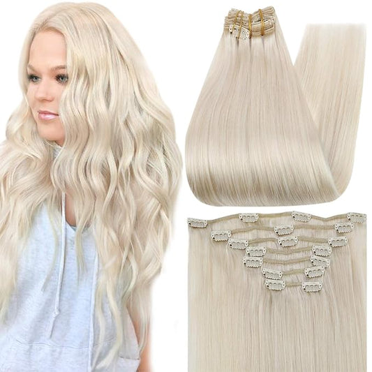 Full Shine Platinum Blonde Hair Extensions Clip ins 16 Inch Blonde Clip in Extensions Real Human Hair Triple Weft Seamless Hair Extensions for Women 7 Pcs 120 Grams