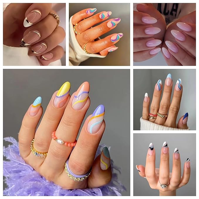 6 Pack Press on Nails - Almond, French Tip, Swirl, False, Gel - 144 Pcs, 12 Sizes, 6 Styles