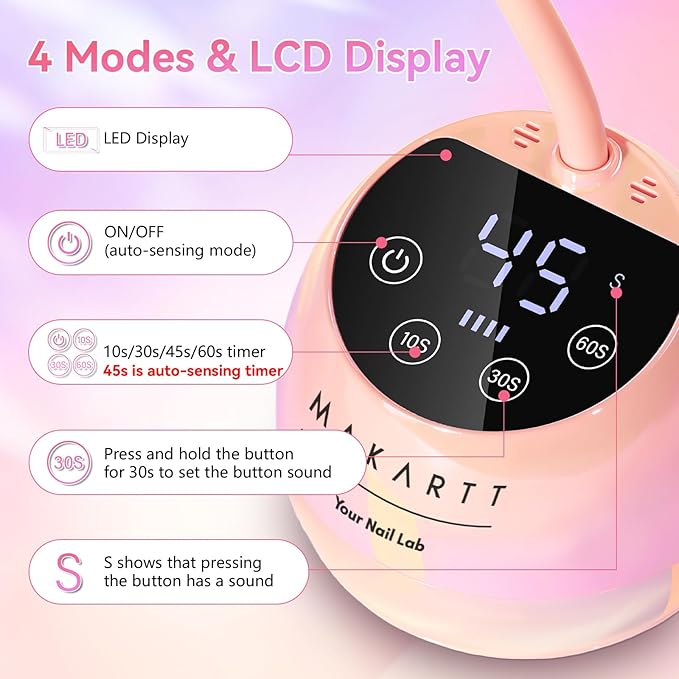 Makartt UV LED Nail Lamp - Gooseneck UV Light for Nails Cordless Rechargeable USB 39W Dryer LED Lamp with Auto Sensor 4 Timer Settings Fast Curing for Nail Art Polish (Glazed Pink)