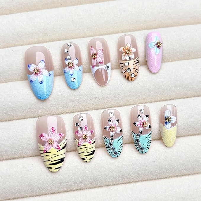 24Pcs Colour Flower Press on Nails Medium Almond Fake Nails French Tip False Nails with Leopard Print Water Ripple Design Spring Summer Stick on Nails Full Cover Artificial Glue on Nails for Women DIY