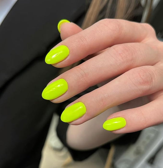 Neon Green Press on Nails Short Almond Fake Nails Press ons Neon Thick Solid Color Glue on Nails Short False Nails Medium Almond Nails Oval Round Shaped for Women 24Pcs