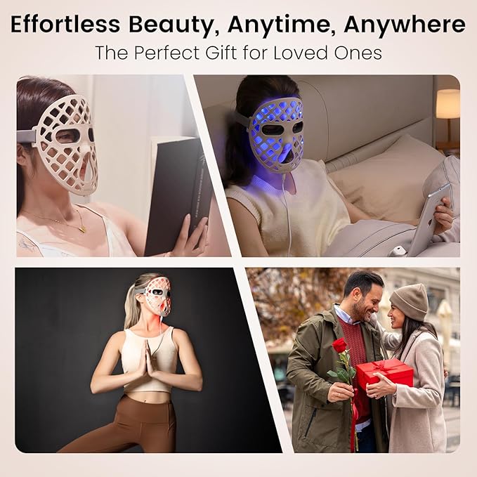 LED Face Mask Light Therapy, 4 Modes Portable Red Light Therapy Infrared Light for Face with 2600mAh Rechargeable, IP67 Washable, 216 LEDs for Anti-Aging, Skin Firming & Radiant Glow at Home