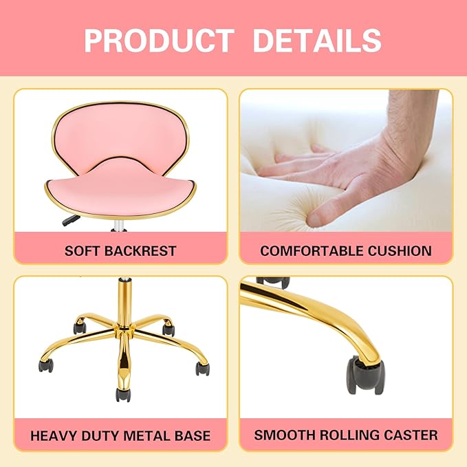 Rolling Stool with Back Support, Set of 2 Salon Stool with Wheels for Spa, Nail Tech and Hair Stylist, Height Adjustable Chair for Massage Beauty Makeup-Pink