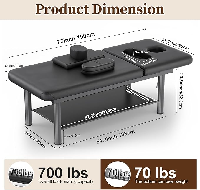 Olela Heavy Duty Stationary Massage Table with Adjustable Backrest, 31.5" Wide Professional Spa Facial & Therapy Bed, Metal Frame PU Leather Treatment Table for Salon & Clinic