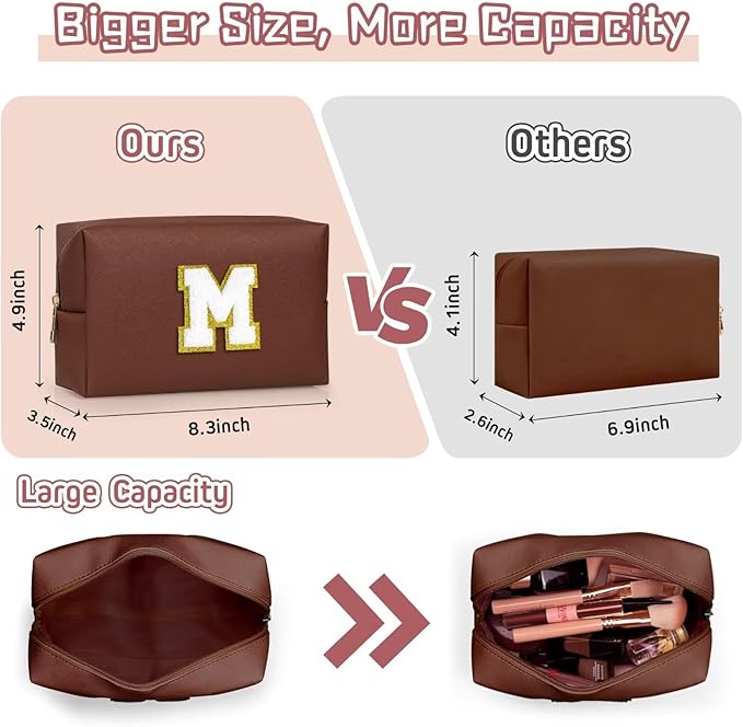 TOPEAST Monogrammed Gift for Women Girls, Personalized Initial Makeup Bags Cosmetic Bag with Zipper, Cute Makeup Pouch, PU Leather Waterproof Toiletry Bag, Preppy Gifts Stuff for Girl (Brown E)