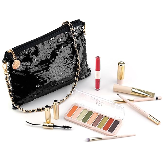 Color Nymph Teen Girls Makeup Kits, All In One Makeup kit For Girls Makeup For Teen Girls with Sequin Bag Packed Individually 9 Colors Eyeshadow Liquid Blush Lip gloss Mascara -Orange Green