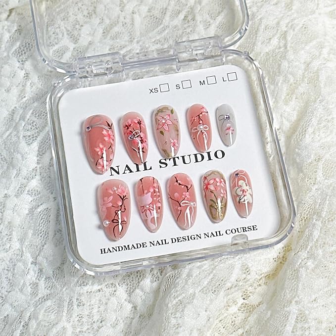 30pcs Pink Flower Cute Cat Almond Acrylic Press-On False Nails Kit with Rhinestone Pearl Designs, Bow, Summer Floral Nail Decoration