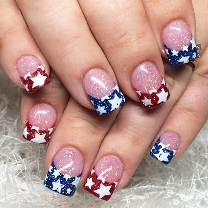 4th of July Press on Nails Short Square Independence Day Fake Nails Red Blue French Tip Glue on Nails with Glitter Star Designs Full Cover Acrylic Stick on Artificial False Nails for Women Girls 24Pcs