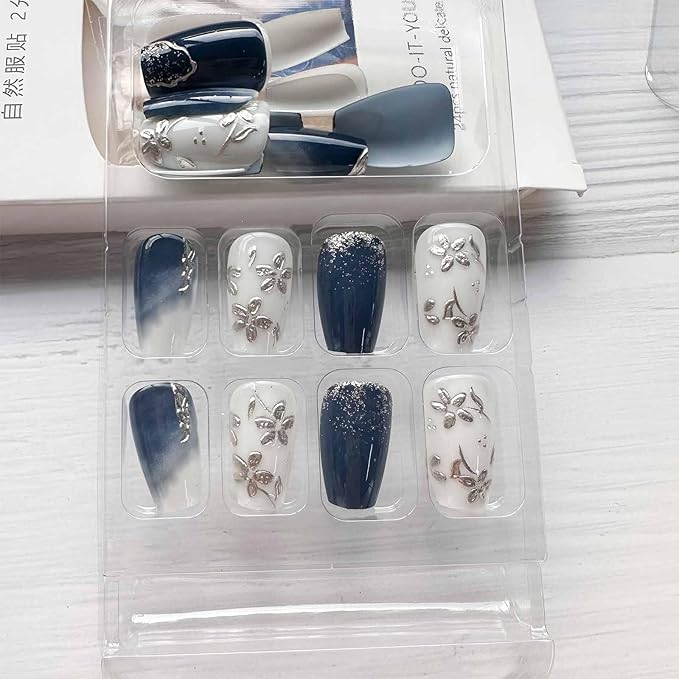 Purple Press on Nails Short Medium Coffin Fake Nails with 3D Embossed Silver Flower Designs White Gradient French Tips False Nails Full Cover Glitter Glossy Stick on Nails for Women 24Pcs