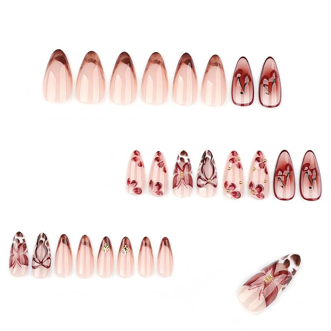 24Pcs Wine Red Cherry Press on Nails Medium Almond Fake Nails with 3D Flowers Rhinestones Designs False Nails Brown Leopard French Artificial Acrylic Full Cover Stick on Nails for Women Manicure