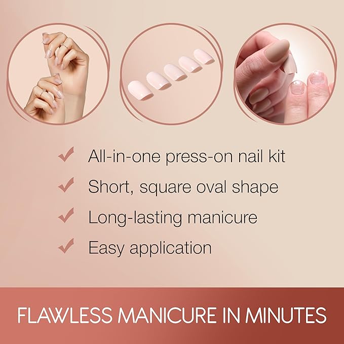 Ardell Nail Addict Naked Porcelain, Press On Nails Short Square Oval Shape, Nail Kit, 1-Pack