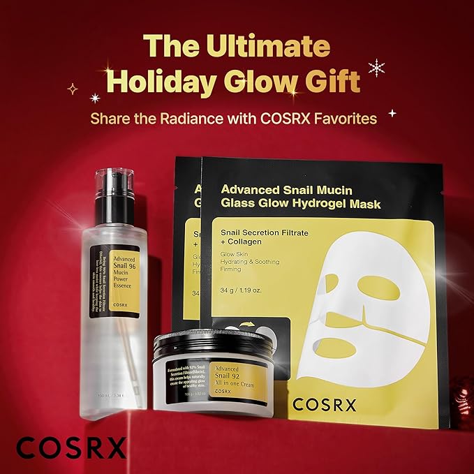 COSRX Snail Mucin Limited Holiday Gift Set with Snail Mucin Repairing Serum, Moisturizer & Collagen Face Mask, Korean Skin Care Set, Stocking stuffers, Self Care Gifts, Amazon Exclusive