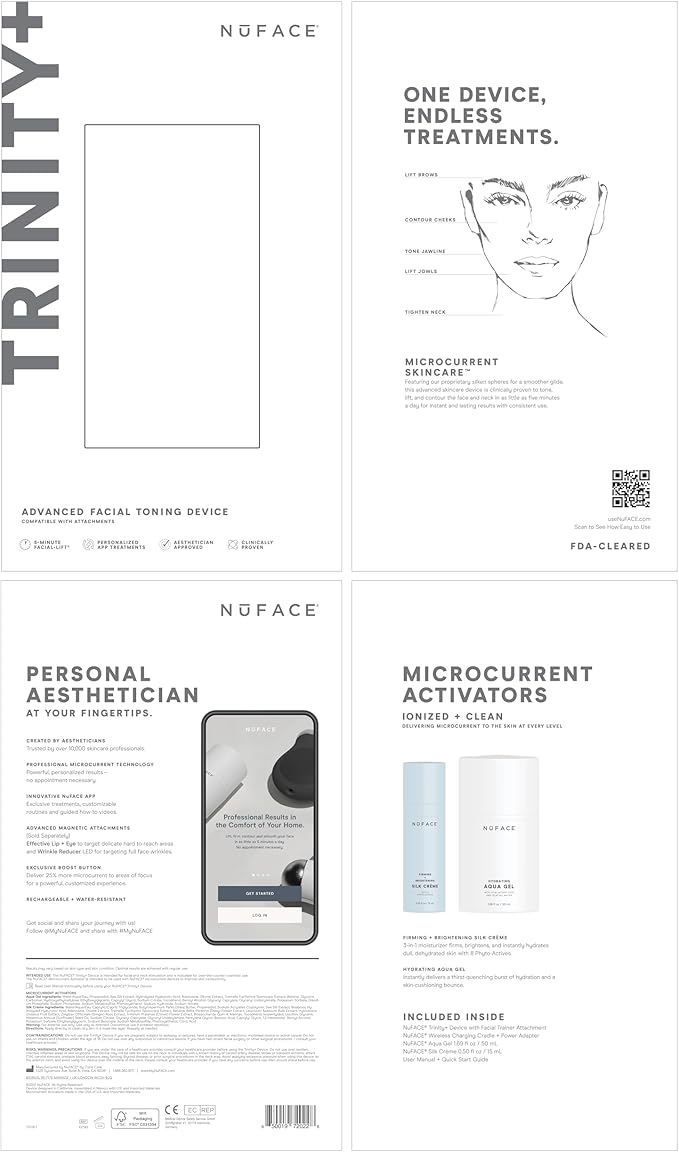 NuFACE TRINITY+ Microcurrent Facial Device Kit - FDA Cleared Face Sculpting & Neck Tightening Device to Contour Cheeks & Brows + Microcurrent Gel Activator & Silk Creme