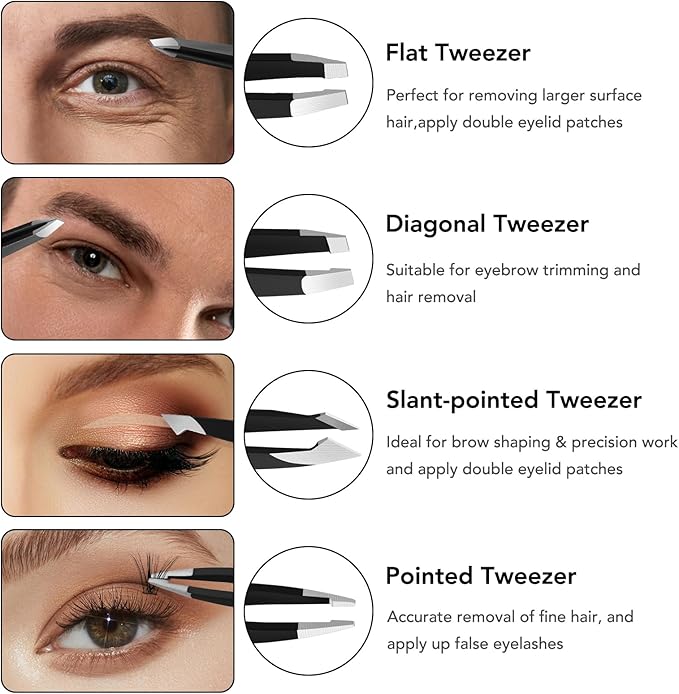 Tweezers Set for Facial Hair Women, 8Pcs Precision Eyebrow Tweezer Nail Clipper Set Eyebrow Pluckers Men for Ingrown Hair Removal(Black)