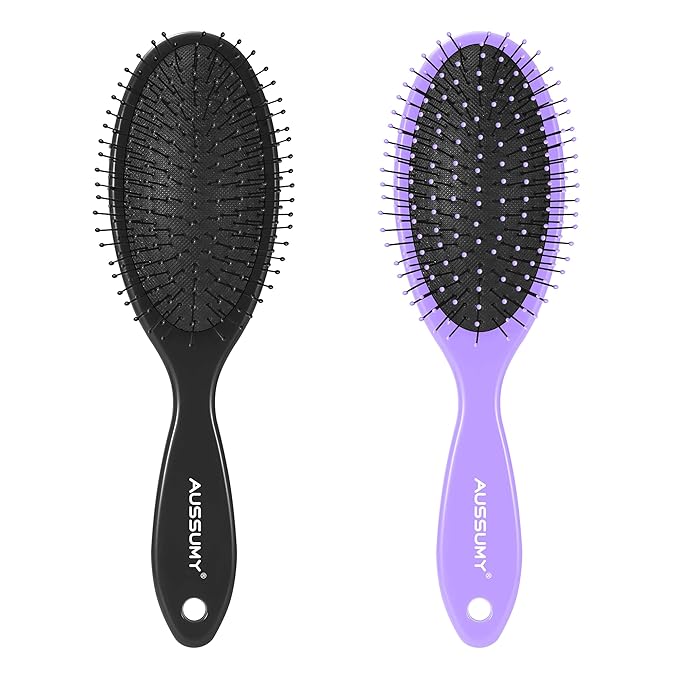 Air Cushion Detangling Hair Brush - 2 Pack Detangler Hairbrush with Ultra Soft Bristles for Effortless Tangle Removal - For Wet Dry Damaged Curly Hair for Women Men Boys Girls Kids - Black & Purple