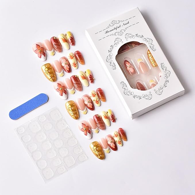 30Pcs Handmade Press on Nails with 3D Flower Stripes Design Fall Maple Leaf Fake Nails Medium Almond French Nails Thanksgiving False Nail Gold Beads Artificial Nail Manicure Kit for Women