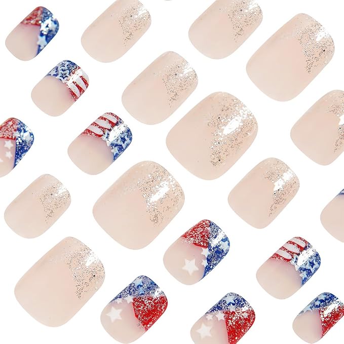 24Pcs French Tip Press on Nails Short Square Fake Nails Independence Day False Nails Red Blue French Tip Artificial Nails Glitter Full Cover Glue on Nails Silver Glitter Stick on Nails for Women DIY
