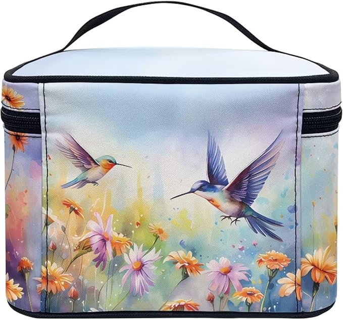 Hummingbird Vibrant Floral Pattern Travel Makeup Bag for Women Large Capacity Cosmetic Bag with Zipper and Handle Portable Toiletry Bag Make Up Organizers