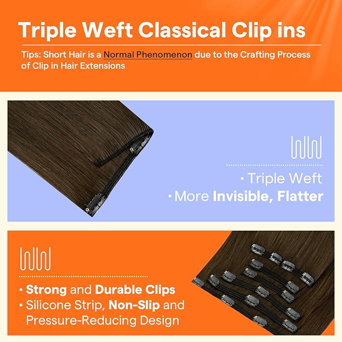 Full Shine Human Hair Clip in Extensions 14 Inch Brown Clip in Hair Extensions Real Human Hair Straight Medium Brown Hair Extensions for Women 7 Pcs 120 G