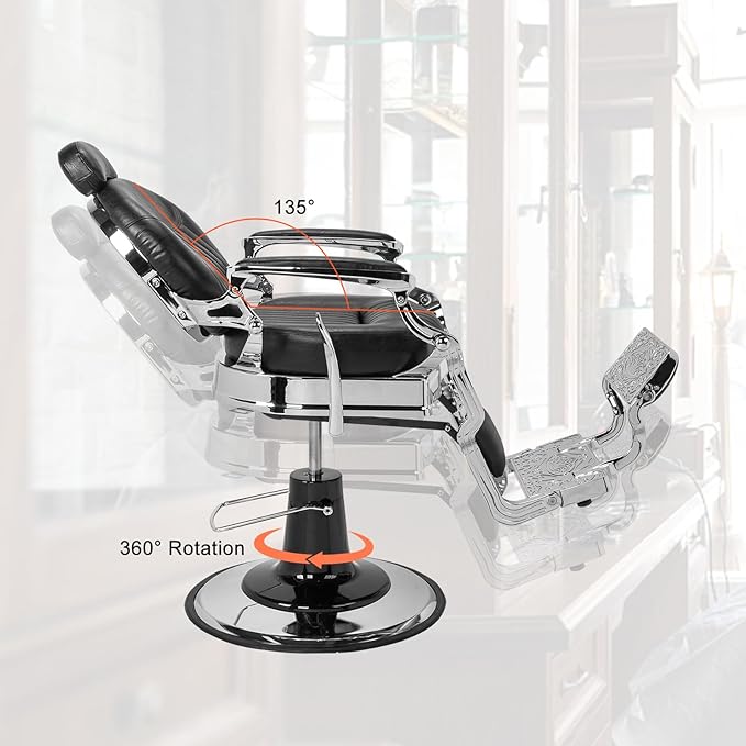 Winado Heavy Duty Vintage Recline Barber Chair Hydraulic with Headrest, Supports up to 550lbs & 360°Rotatable, Professional Salon Beauty Spa Shampoo Equipment (Thickened Cushion)